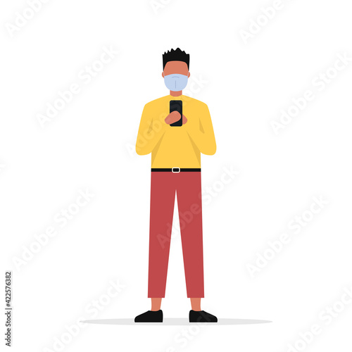 A man in a medical mask in his hands with a smartphone. Coronavirus and social media. Vector illustration. Flat style