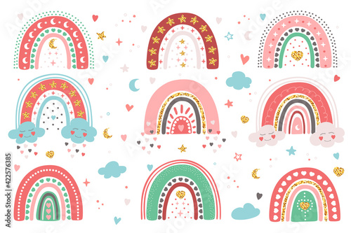 Hand drawn set of different rainbows with hearts, clouds, stars, moon. Cute pastel collection isolated on white background. Adorable vector doodle illustration for Birthday, Valentine's Day, baby room