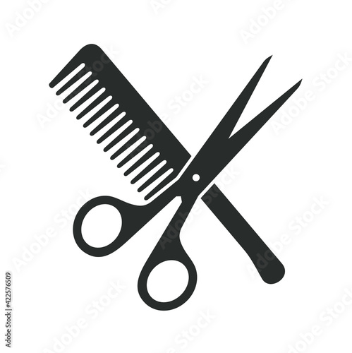 illustration of hair scissors and comb, barber icon.