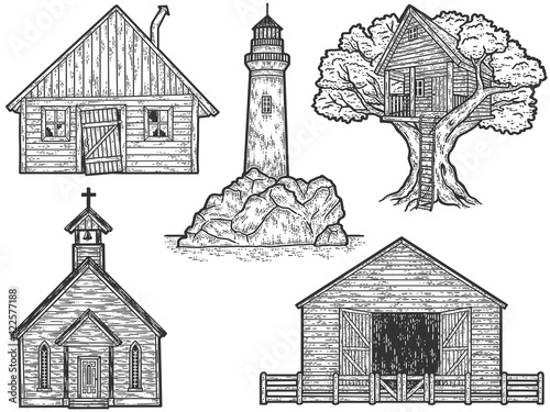 Set of old vintage buildings. Sketch scratch board imitation.