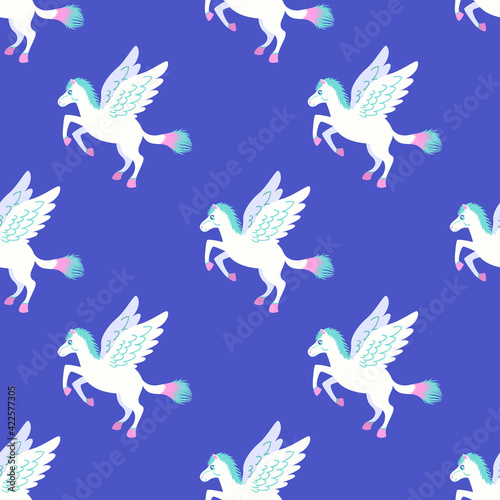 vector cute white pegasus seamless pattern on blue