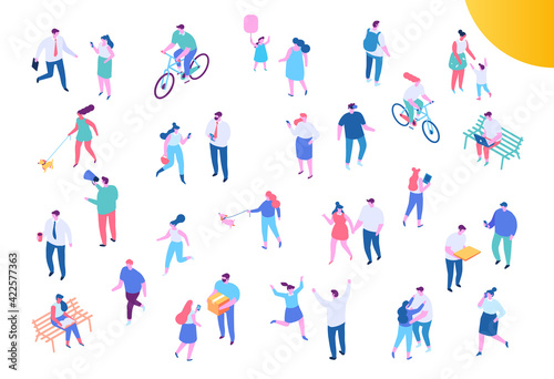 Different Isometric cartoon people vector set. Outdoor activities and Office life. Business people, Teamwork. People walking