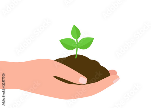 Hand holds plant with earth, new green sprout, plant growth. Save ecology and environment. Plant conservation. Vector illustration