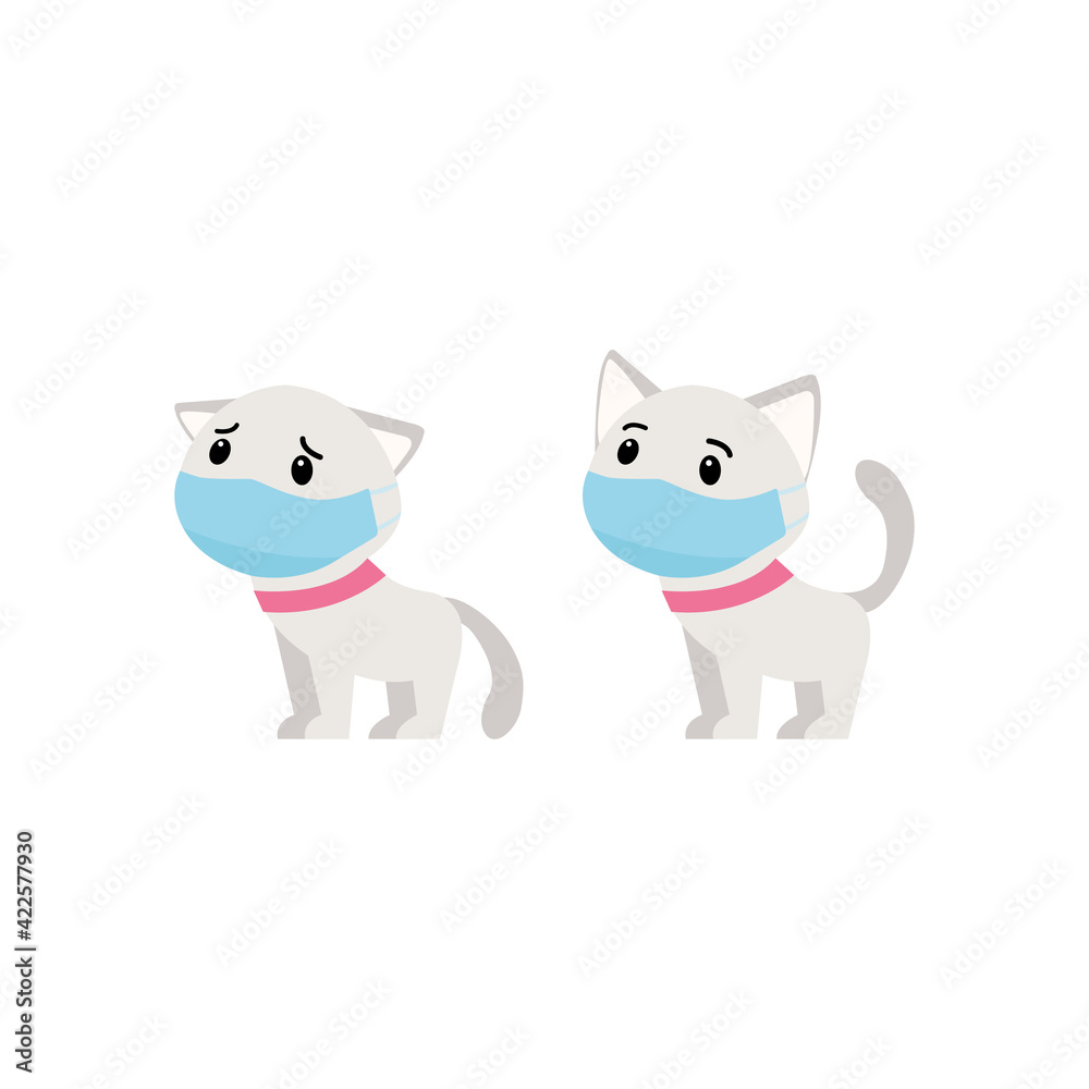 Obraz premium Cats in medical masks with a bad and good mood. Protecting health from viruses. Little kittens during the coronavirus. Vector illustration