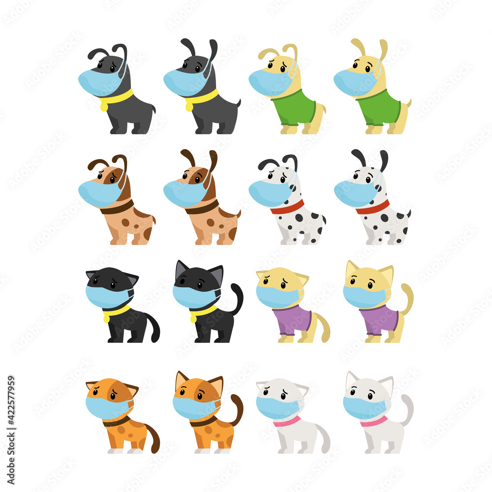 Obraz premium A set of dogs and cats in medical masks. Protecting health from viruses. Little puppies and kittens during the coronavirus. Vector illustration.