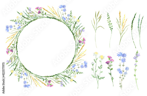 Watercolor wildflowers herbs wreath frame