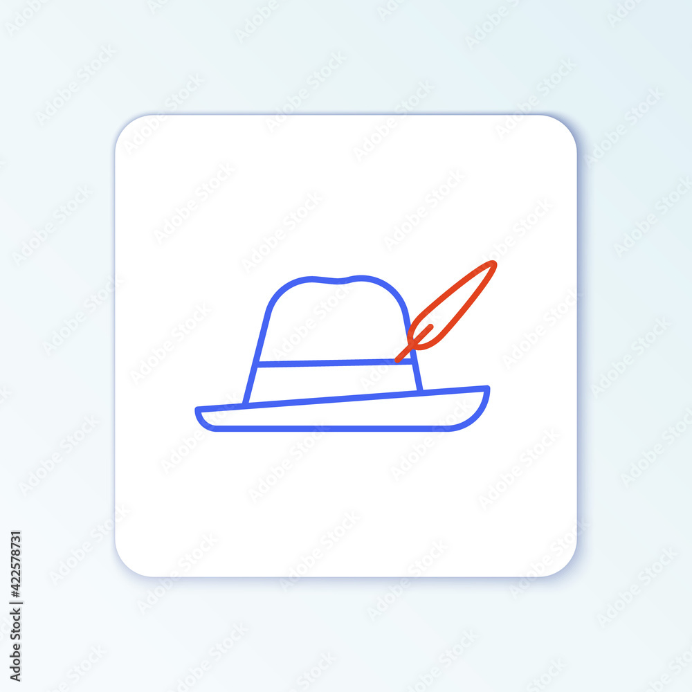 Line Oktoberfest hat icon isolated on white background. Hunter hat with feather. German hat. Colorful outline concept. Vector