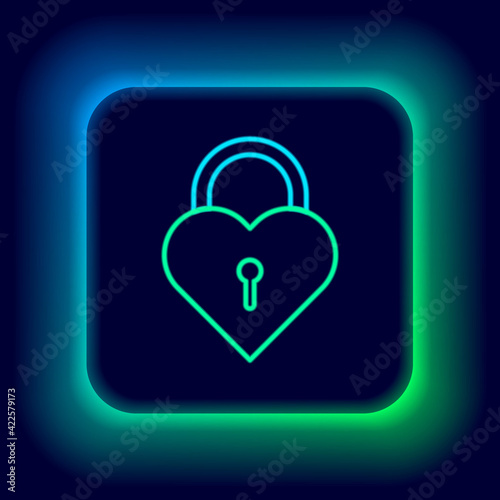 Glowing neon line Castle in the shape of a heart icon isolated on black background. Locked Heart. Love symbol and keyhole sign. Colorful outline concept. Vector