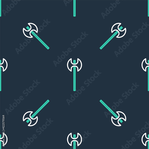 Line Medieval axe icon isolated seamless pattern on black background. Battle axe, executioner axe. Medieval weapon. Vector