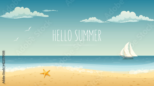 Hello summer. beach sea  sky  ship in a beautiful background. Vector illustration.