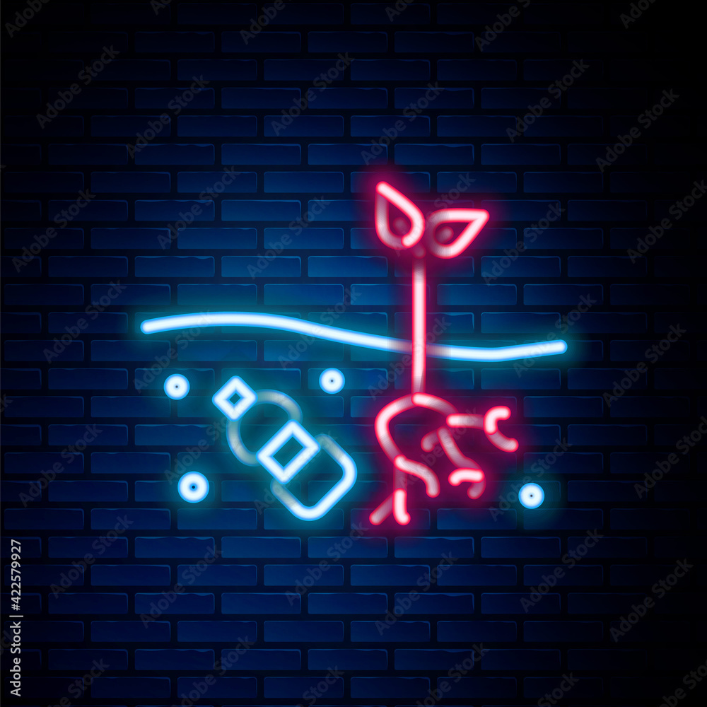 Glowing neon line The problem of pollution of the planet icon isolated on brick wall background. The garbage, plastic, bags on the planet. Colorful outline concept. Vector Glowing neon line The problem of pollution of the planet icon isolated on brick wall background. The garbage, plastic, bags on the planet. Colorful outline concept. Vector