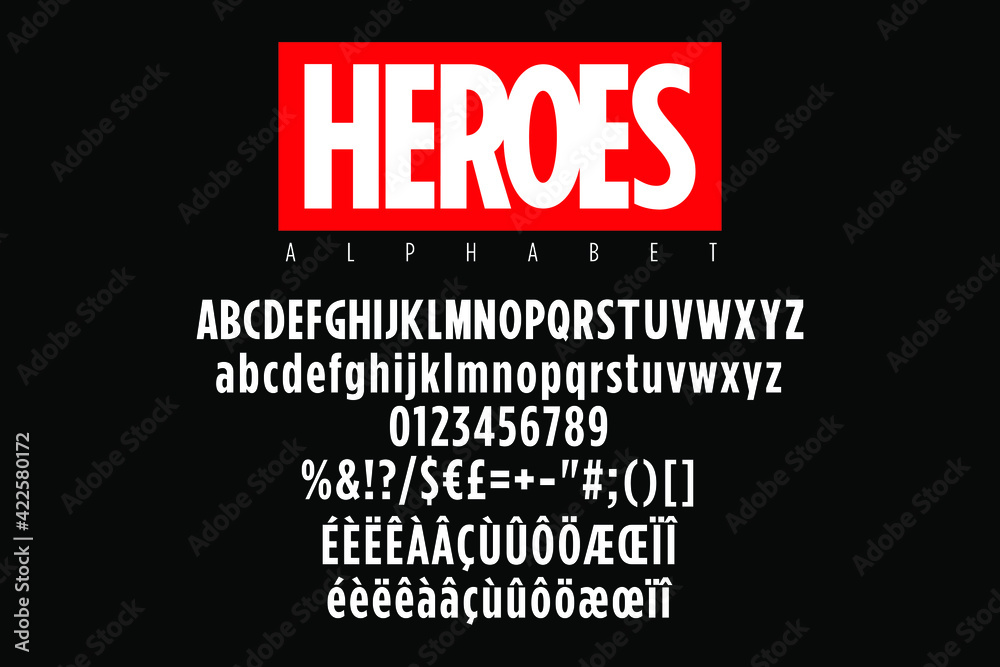 Naklejka premium Bold condensed alphabet with red sticker for super heroes titles. Vector typography illustration