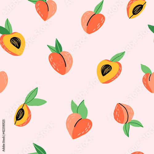 Fototapeta Naklejka Na Ścianę i Meble -  Cute peach fruit seamless pattern on pink background. Cartoon illustration for textile, fabric, wrapping paper and other