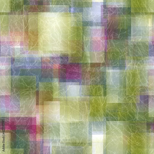 Seamless overlaid geometric shape pattern print. High quality illustration. Transparent rectangles filled with gradient colors scattered. Handmade paper texture overlay.