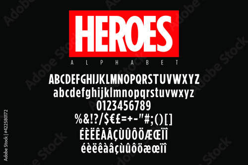 Bold condensed alphabet with red sticker for super heroes titles. Vector typography illustration photo