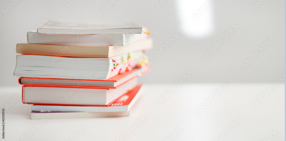 Colored books on a white background with a place for an inscription. Composition of books for reading. self-development books. Colored books on a white background with a place for an inscription. Composition of books for reading. self-development books.