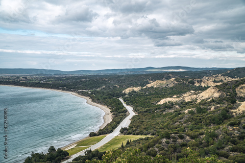 Moody panoramic view of a road on Anzac Cove at the famous World War One site on the Gallipoli peninsula (Gelibolu) at the Dardanelles, Turkey photo