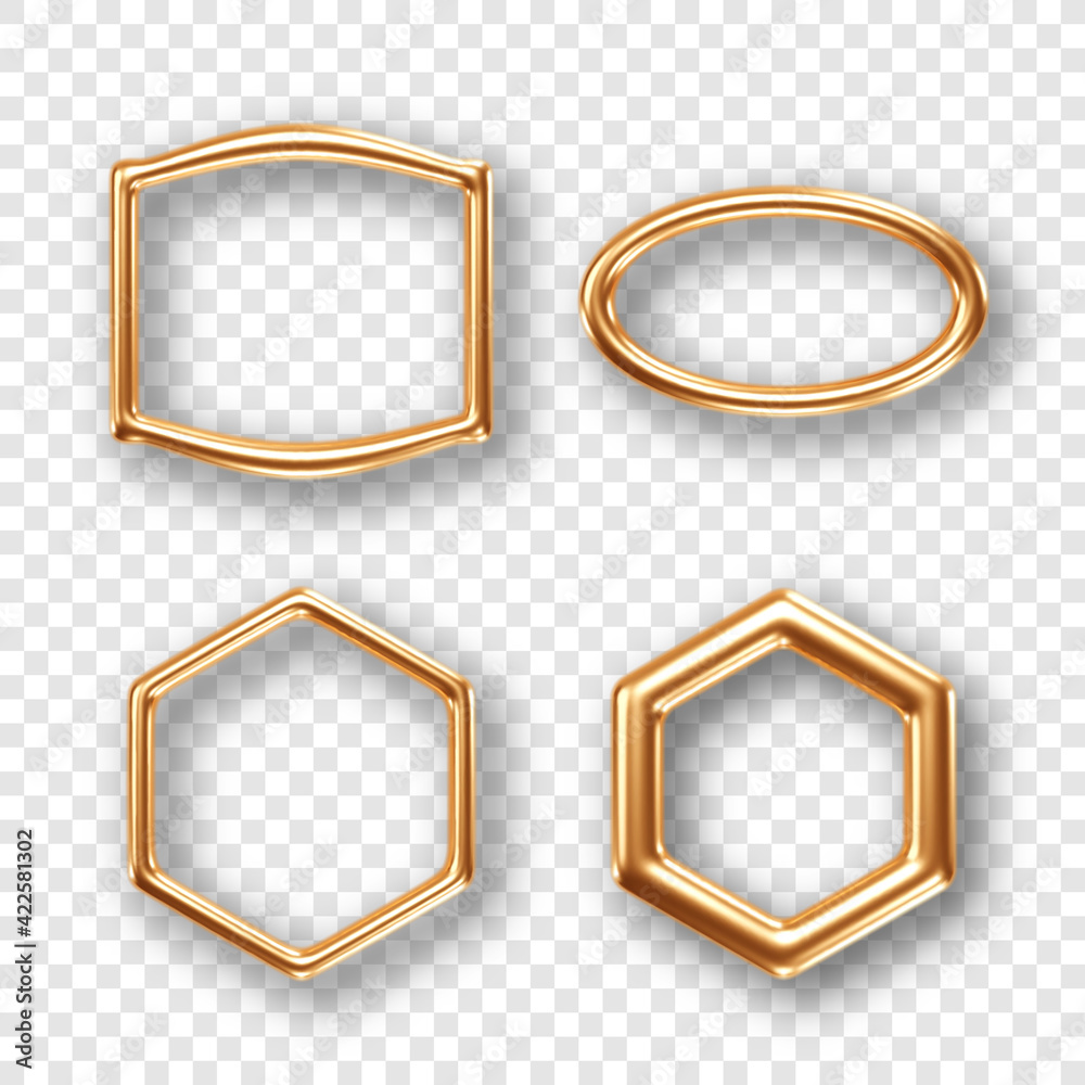 Set of 3d golden frames of different shapes isolated on transparent background. Design element for greeting card, invitation or sale banner