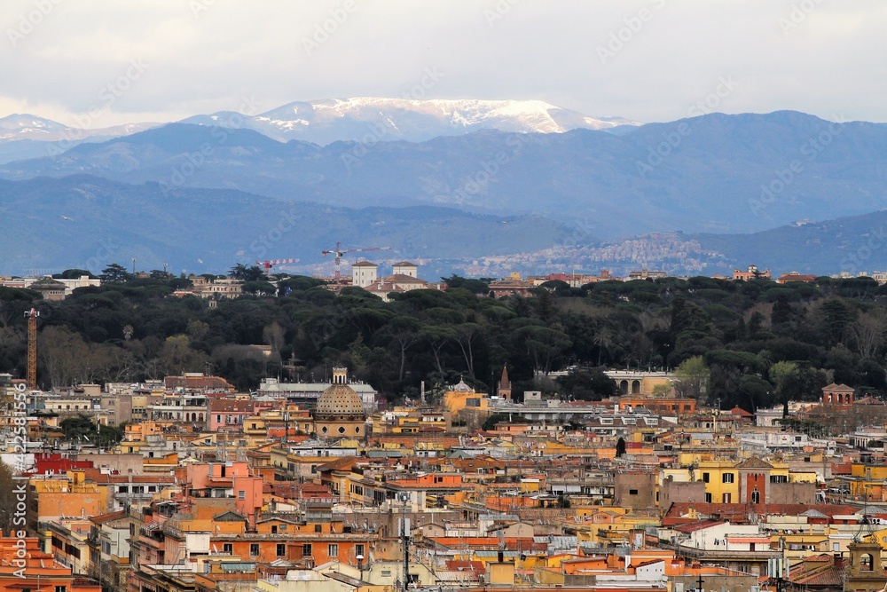 Panorama of Rome, glimpse of Villa Borghese and in the background the towns east of the capital and snow-capped mountains.