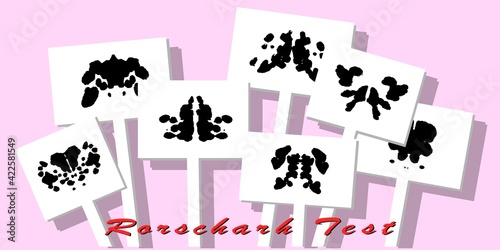 Rorschach test cards. Isolated on pink background. Vector illustration. Psychiatric method. Set with stains, blobs, splash inkblots. Transparency.  Mental health diagnostic.