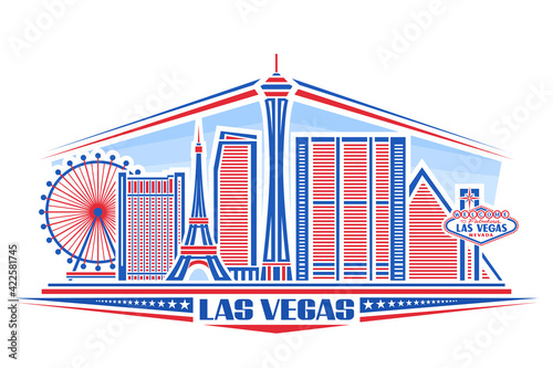 Vector illustration of Las Vegas, horizontal poster with simple design buildings and outline landmarks, urban concept with modern city scape, unique font for words las vegas, decorative stars in a row