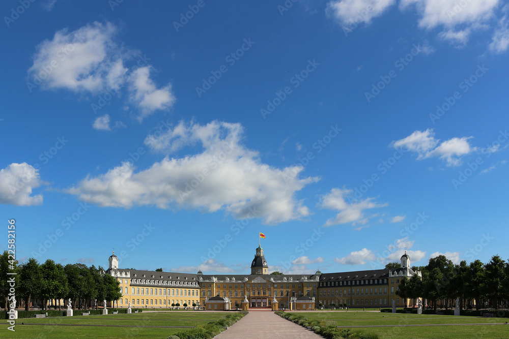Bright blue and white cloudscape over Karlsruhe  Palace in the middle of the city (Baden, Germany)