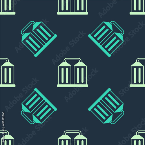 Green and beige Granary icon isolated seamless pattern on blue background. Silo with grain, elevator, granary, factory. Warehouse of grain crops. Vector