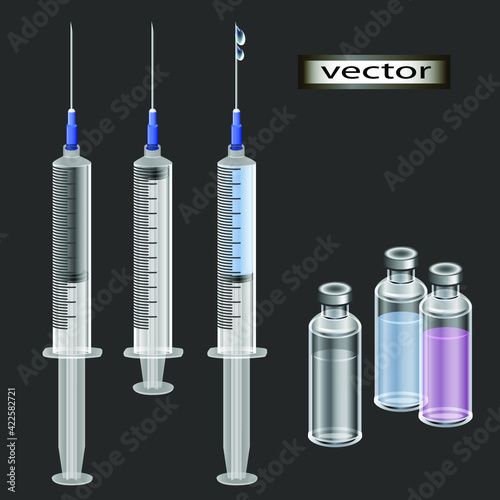 Vector illustration of vaccine, coronavirus medicine syringes, hospital equipment medicine tool