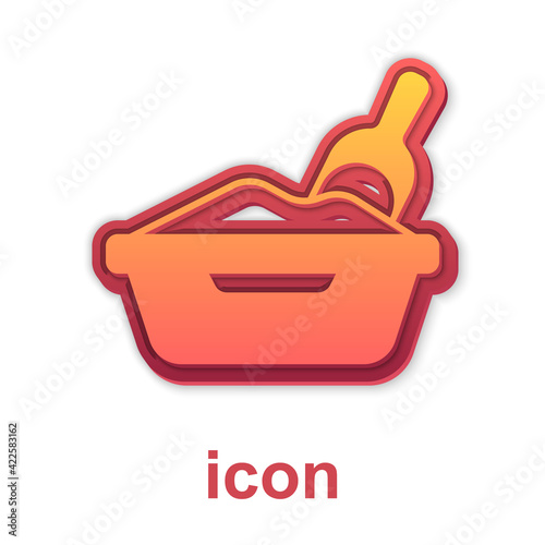 Gold Cat litter tray with shovel icon isolated on white background. Sandbox cat with shovel. Vector
