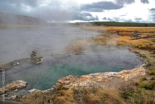 Rising Geysers in the Yellowstone National Park landscape.