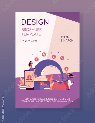 Stylized people sending payment and receiving money isolated flat vector illustration. Cartoon tiny woman with wallet and coins. Remittance, bank and financial transactions concept