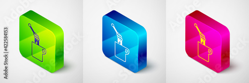 Isometric Honey dipper stick with dripping honey icon isolated on grey background. Honey ladle. Square button. Vector