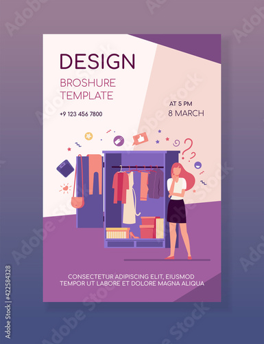 Woman standing at open wardrobe and choosing clothes to wear. Vector illustration for garment, outfit, storage organization, closet, routine, choice concepts