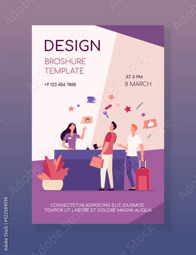 Tourists with bags checking in at hotel. Queue of people standing at reception desk in hotel lobby. Vector illustration for travel, business, tourism concept