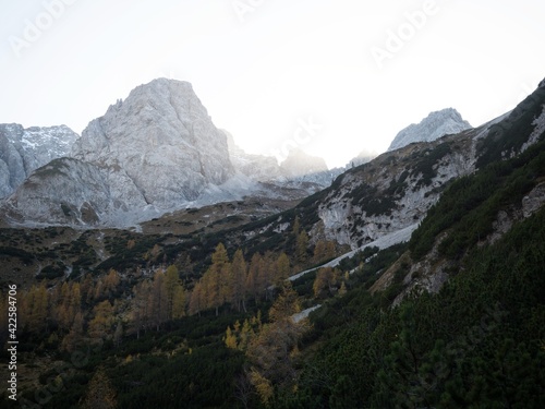 Autumn fall sunset panorama of alpine mountain landscape at lake Seebensee in Ehrwald Tyrol Austria alps Europe photo