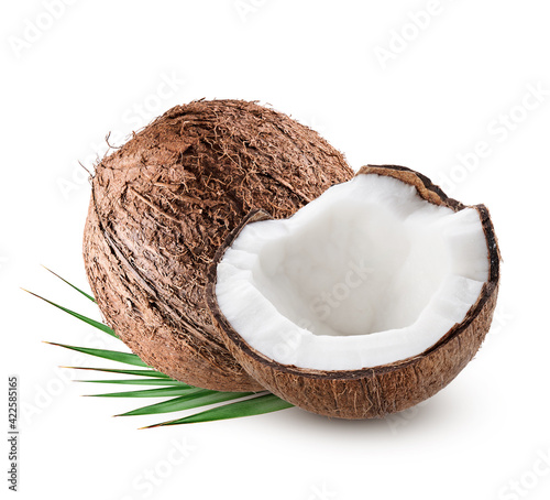 Coconut with leaves isolated on white background