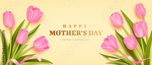 Mother's day poster or banner with realistic bouquet of tulips on yellow background