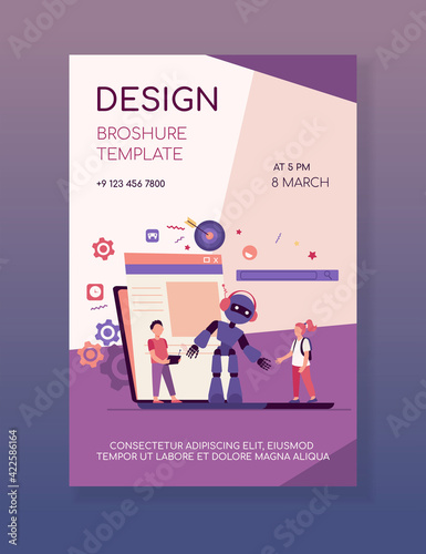 School activity and robotics class concept. Boy operating robot with remote control. Vector illustration for young engineer, education, robotic science for kids topics