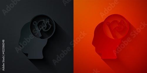 Paper cut Hand holding flag icon isolated on black and red background. Victory, winning and conquer adversity concept. Paper art style. Vector