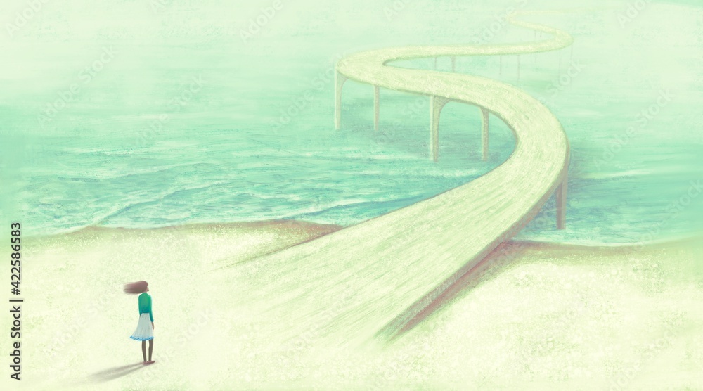 Way hope dream ambition freedom and success concept art, conceptual  illustration, surreal artwork, woman alone with the road and the sea, imagination painting
