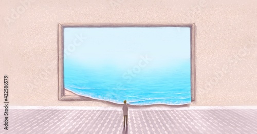 Man alone with surreal sea painting  freedom inspiration and loneliness concept idea art  conceptual 3d illustration  imagination seascape artwork 