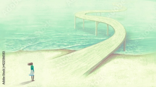 Way hope dream ambition freedom and success concept art, conceptual illustration, surreal artwork, woman alone with the road and the sea, imagination painting 