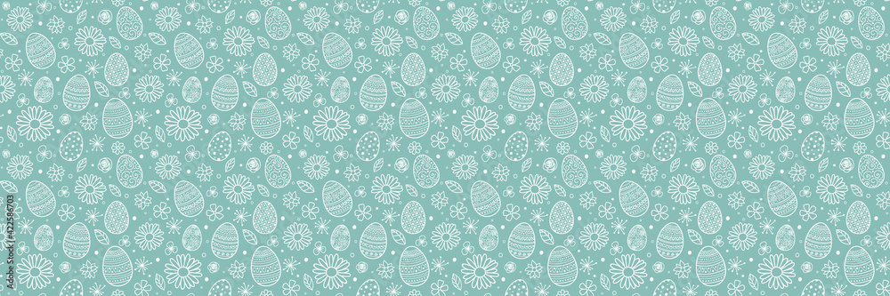 Easter background with eggs and flowers. Wrapping paper concept. Banner. Vector