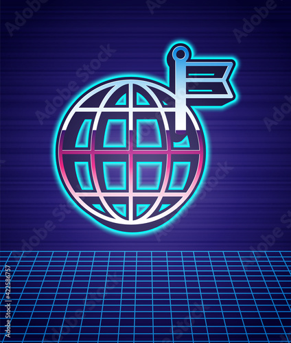 Retro style Planet with flag icon isolated futuristic landscape background. Victory, winning and conquer adversity concept. 80s fashion party. Vector