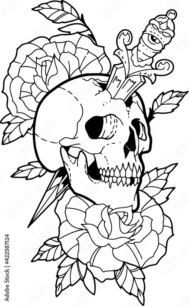 Vettoriale Stock Skull, Dagger and Roses Tattoo Stencil T-shirt Stamp Vinyl  Cut