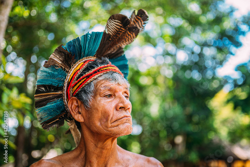 Konstfotografi Indian from the Pataxó tribe, with feather headdress