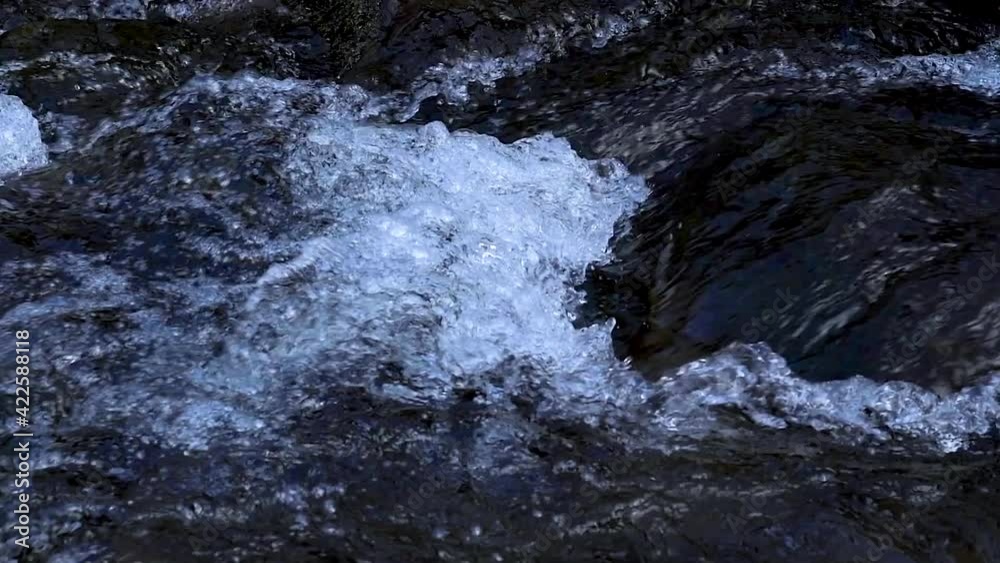 Small forest river white water detail, high contrast video slow motion. Small forest river white water detail, high contrast video slow motion.