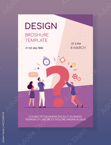 People searching solutions and asking for help. Men and women discussing huge question mark. Vector illustration for communication, assistance, consulting concept