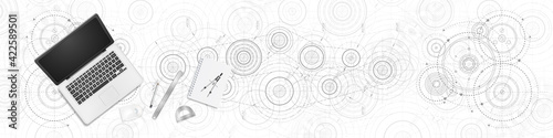 Engineering technical banner .Technical drawing background.Laptop and technological tool.Vector illustration .