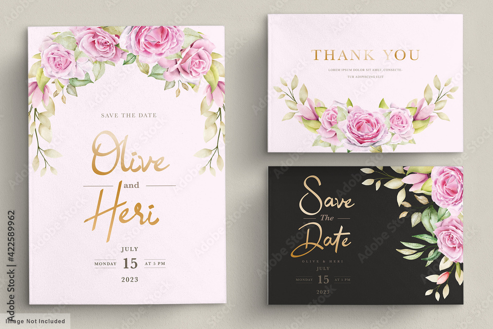 watercolor roses wedding invitation card set